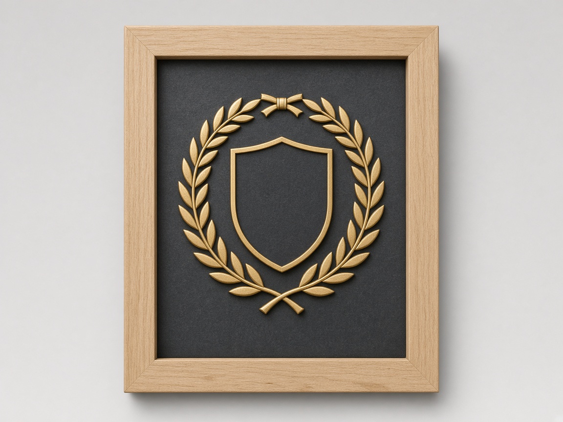 Metopa de madera con laurel dorado y escudo